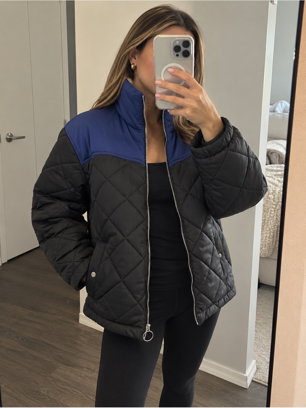WeWoreWhat Black Quilted Puffer Jacket with Blue Yoke